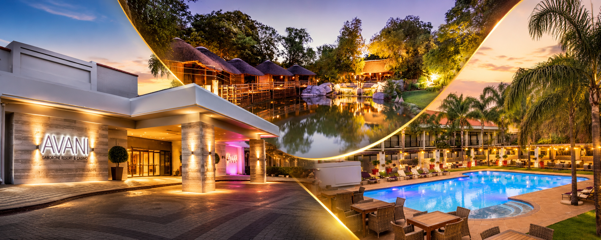 Panoramic collage of Avani Gaborone Resort & Casino at dusk: illuminated entrance, lagoon, thatched lodges and pool